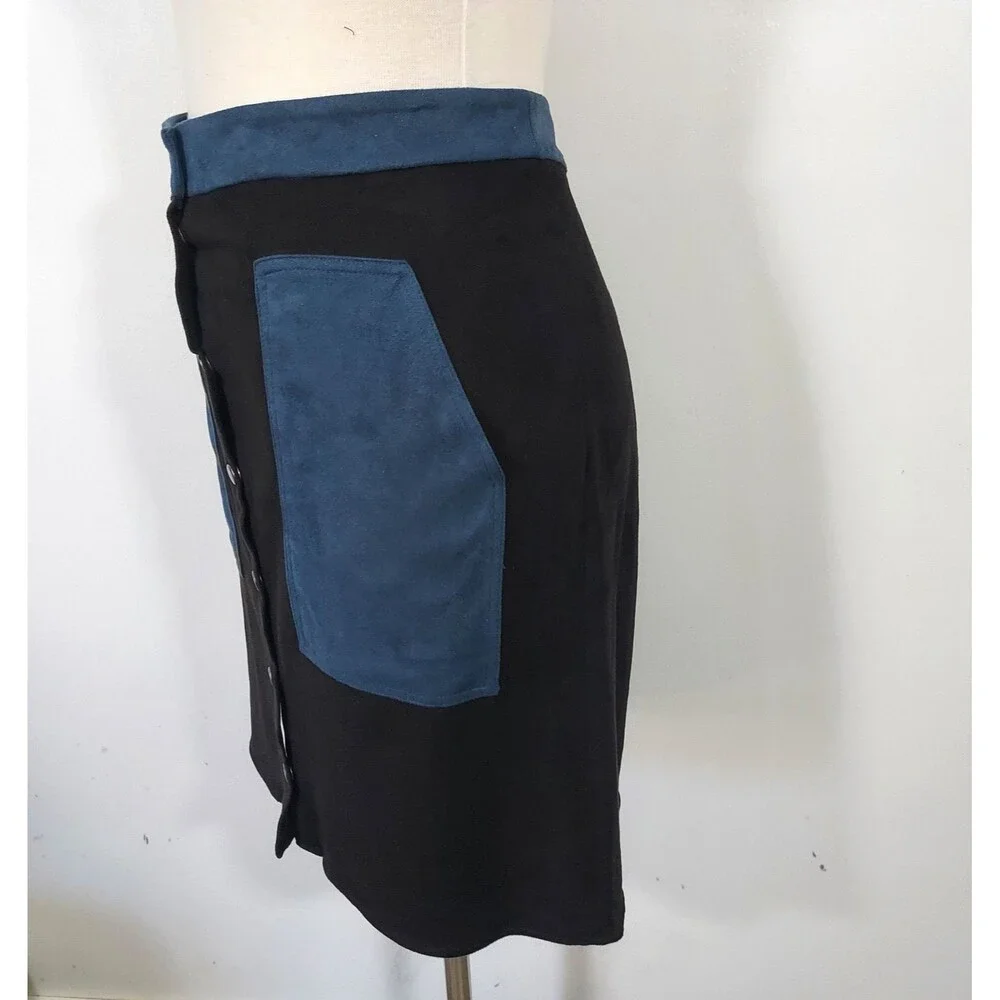 JOH Skirt Soft Faux Suede Size XL Snap Front Pockets Stretch Black Blue NWT